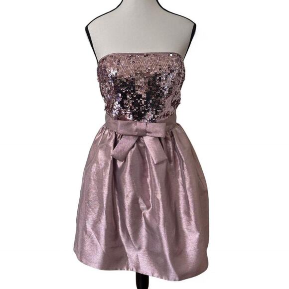 y2k vtg. BETSEY JOHNSON Pink Sequin Bow Strapless mini Party‎ Dress 8 medium. - Picture 2 of 8